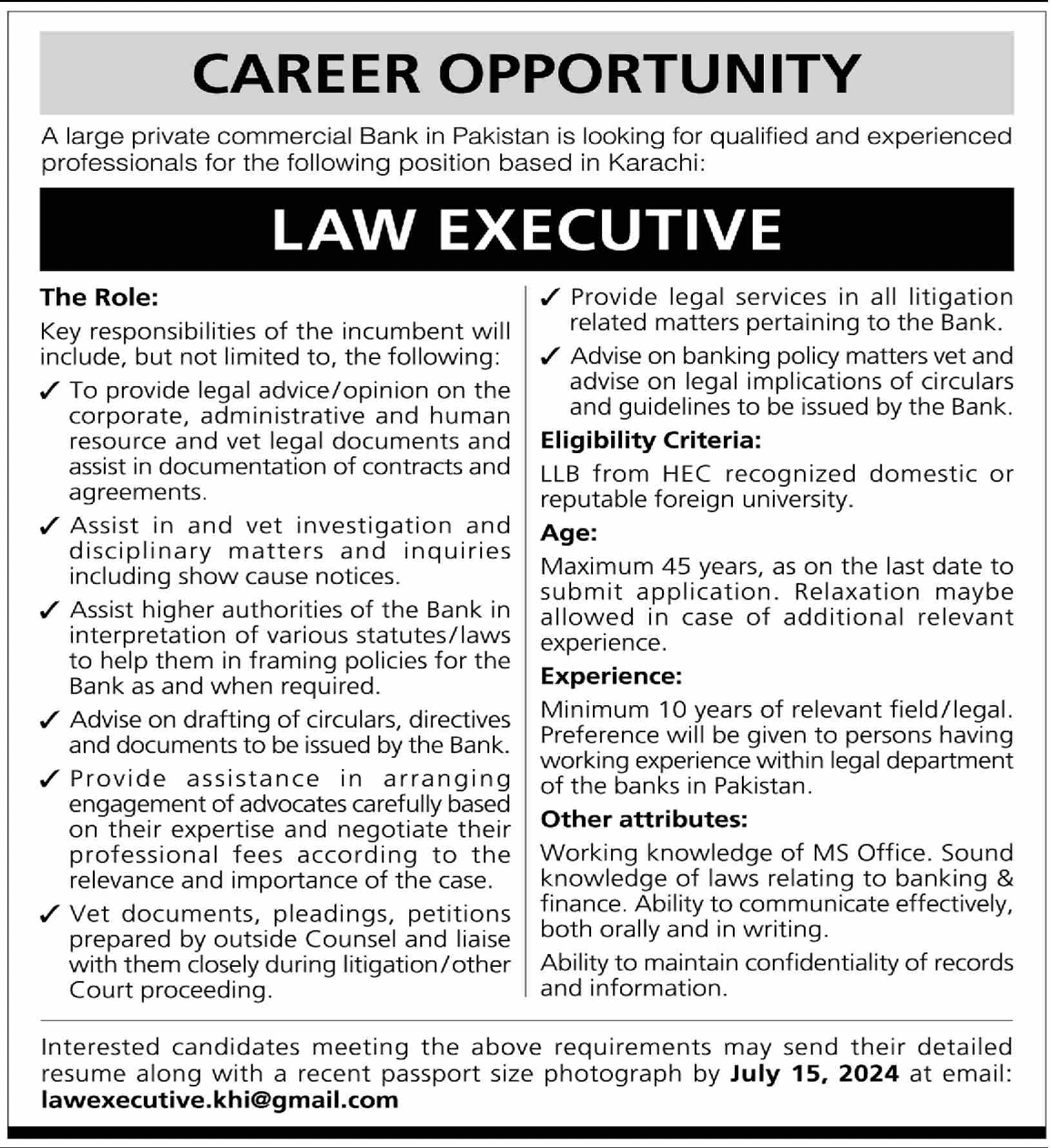 Law Executive Jobs in Commercial Bank of Pakistan Advertisement