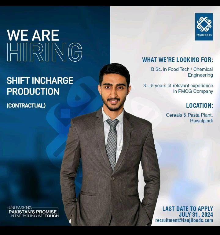Fauji Foods advertisement for the job of Shift Engineer Production