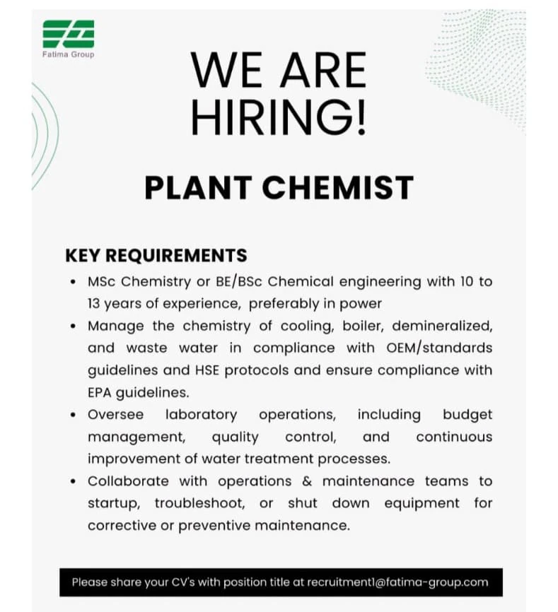 Plant Chemist at Fatima Group Job Advertisement July 2024