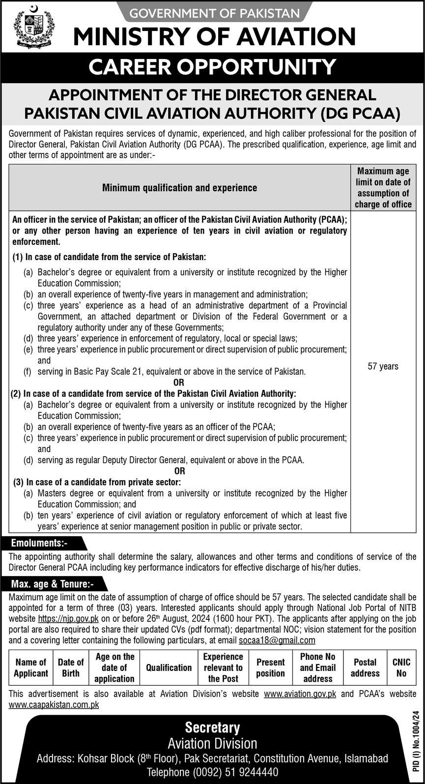 Ministry of Aviation Jobs 2024 for Director General Pakistan Civil Aviation Authority(DG PCAA)