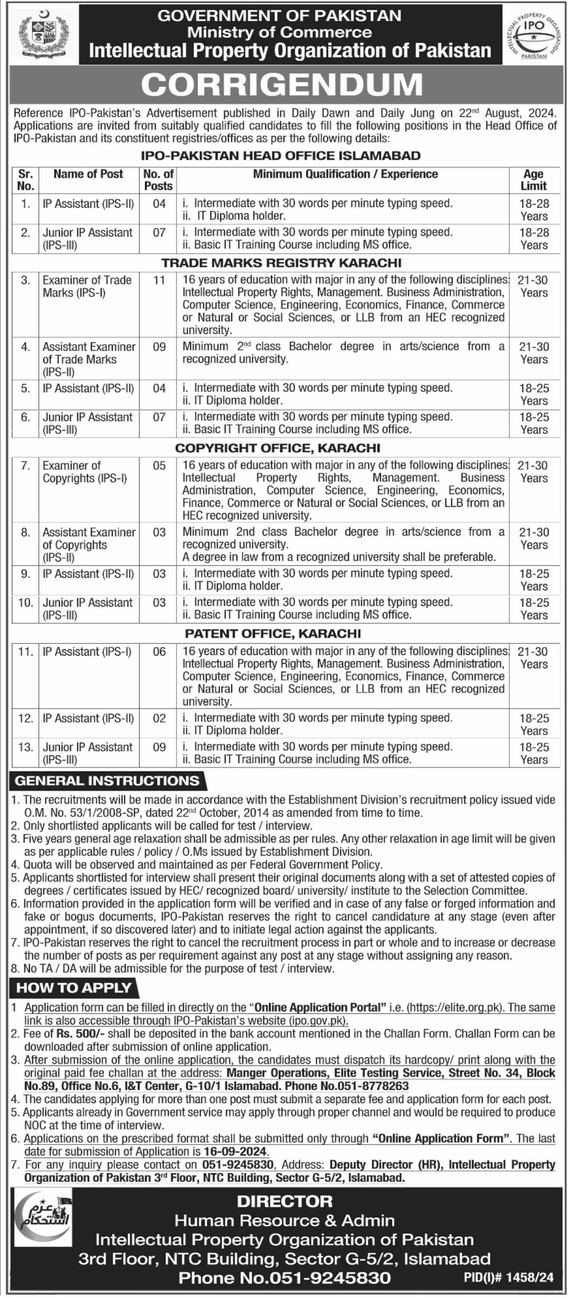 Intellectual Property Organization of Pakistan Jobs 2024 for Examiner of Trade Marks, Examiner of Copyrights, IP Assistant & Others