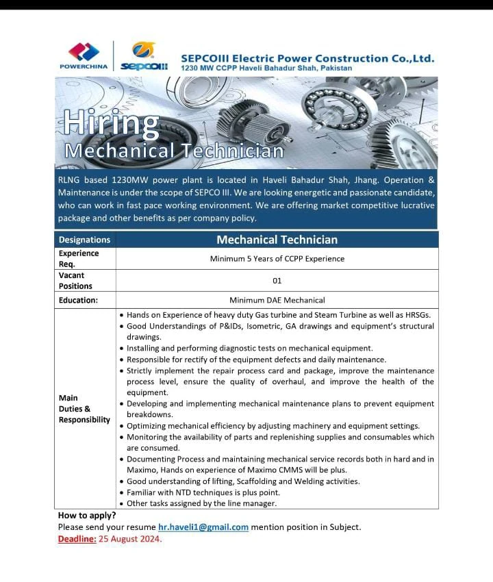 SEPCO Electric Power Company is Looking for Mechanical Technician