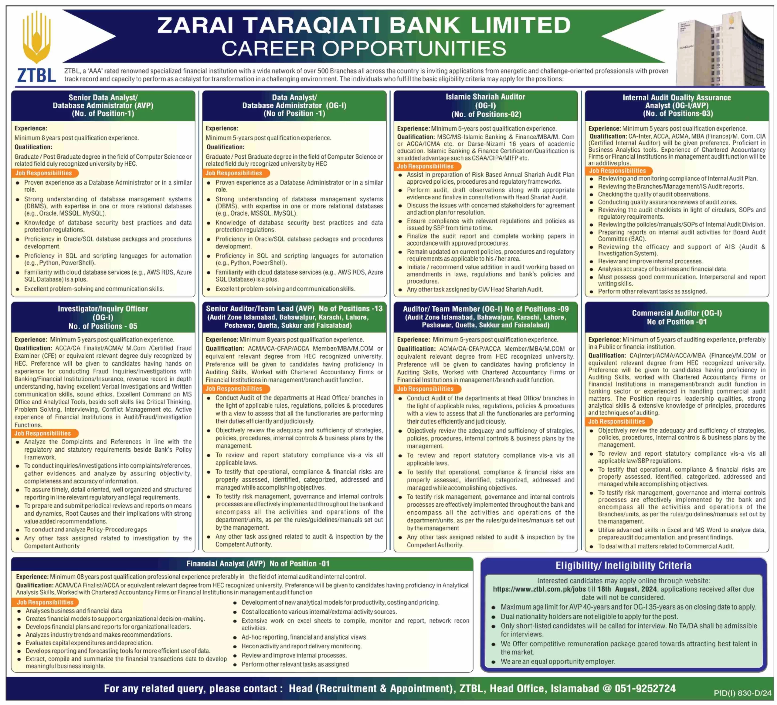 Zarai Taraqiati Bank Jobs 2024 Apply Online for Auditor, Investigator, and many other latest