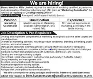 Marketing Coordinator required at Bannu Woollen Mills Limited Latest Jobs