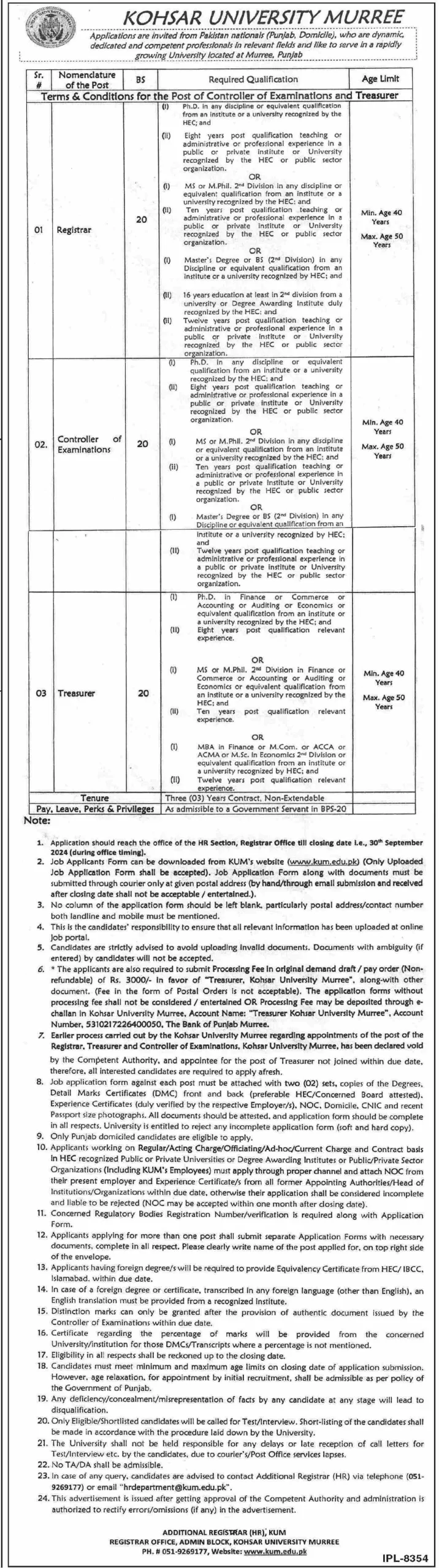 Treasure, Controller Examination and Other Job Positions at Kohsar University