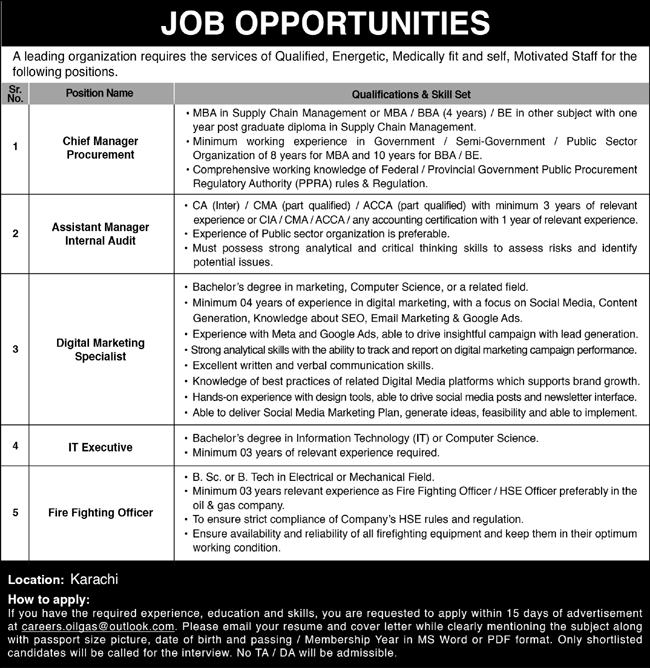 Fire Fighting Office, IT Executive, Marketing Specialist and Others Post Jobs at a Leading Organization