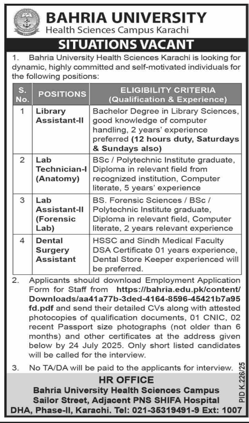 Bahria University Health Sciences is Looking for Self-Motivated Individuals