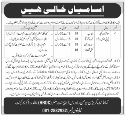 A Government Sector is Hiring for a Civilian Teacher (BPS-15) in Cantt