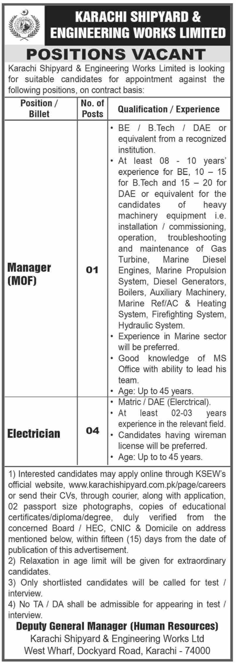Karachi Shipyard & Engineering is Hiring for a Manager and Electrician