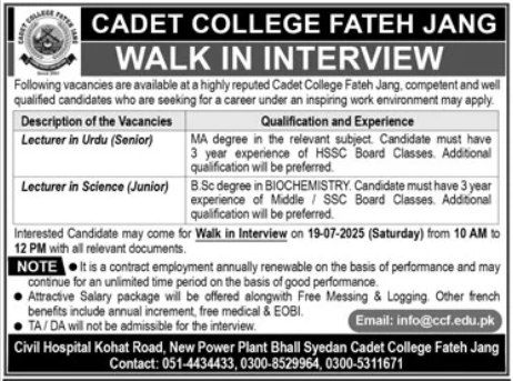 Lecturer Jobs at Cadet College Fateh Jang 