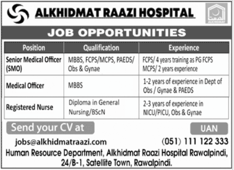 Medical Officer and Nursing Jobs at Alkhidmat Raazi Hospital