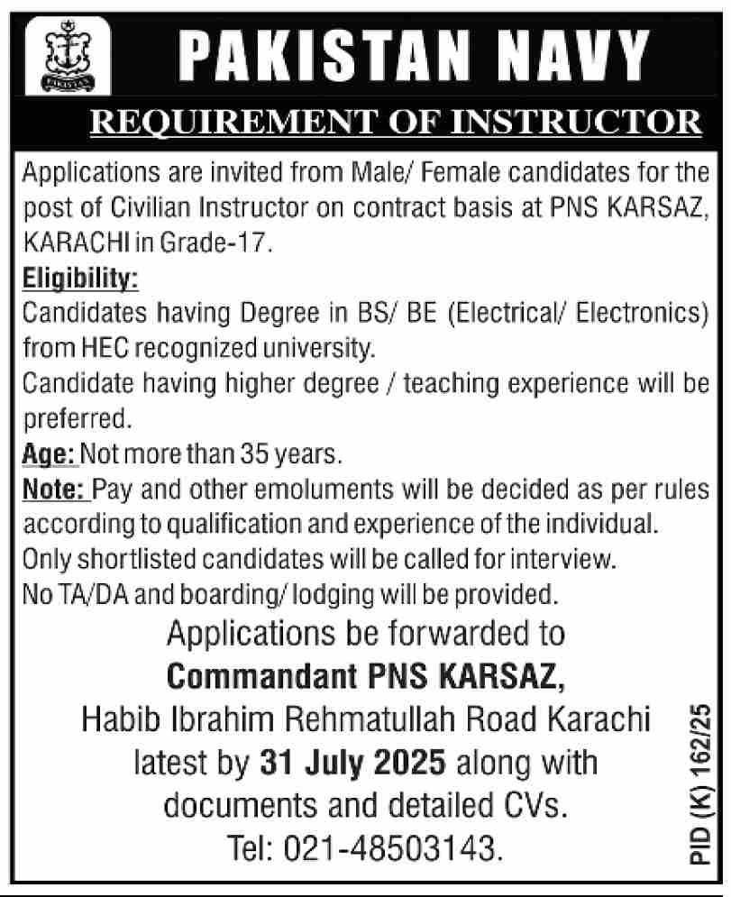 Civilian Instructor Post in the Pakistan Navy