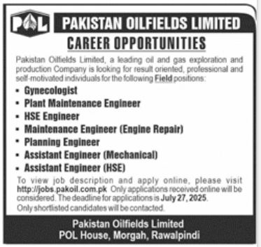 Pakistan Oilfields Limited is Hiring in the Engineering and Medical Departments