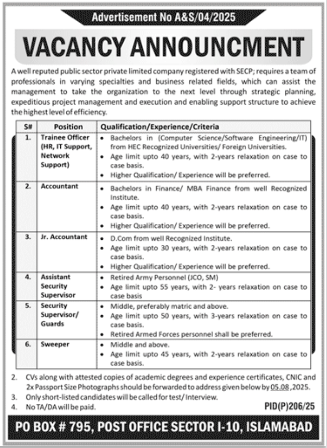 Trainee Officer
Accountant
Jr. Accountant
Assistant Security Supervisor
Security Supervisor / guards
Sweeper