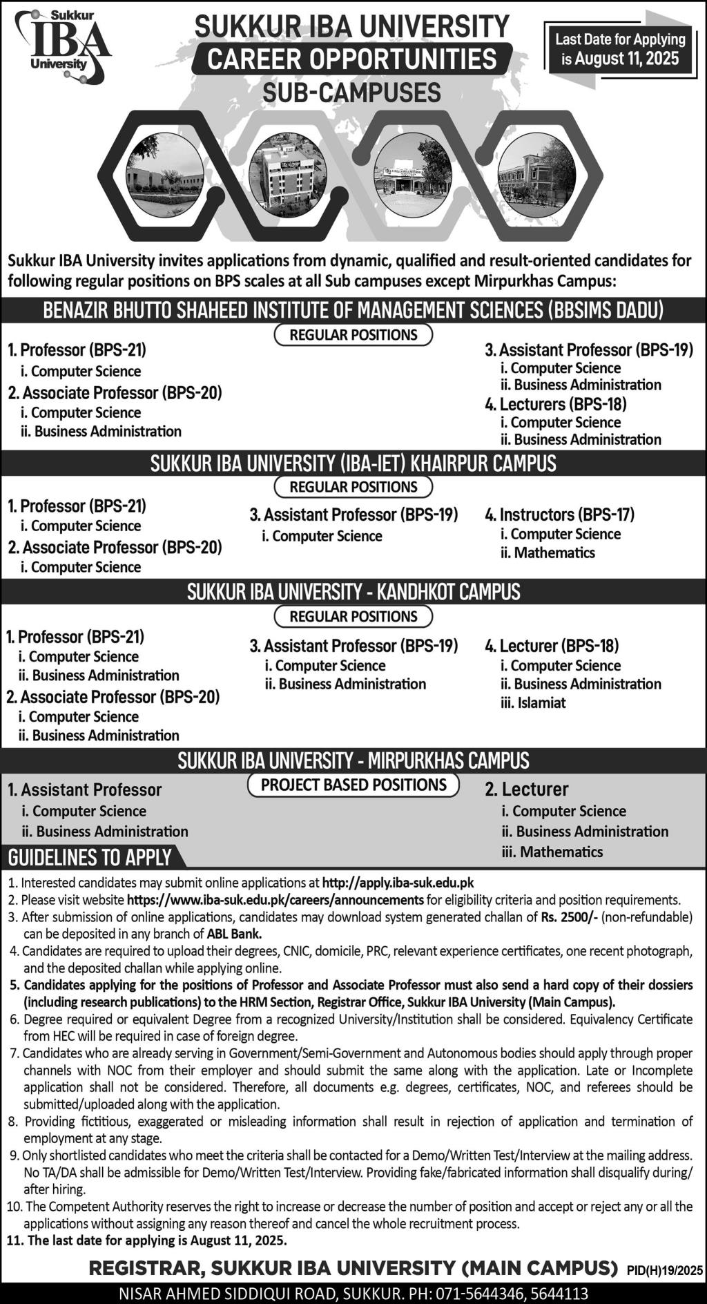 Sukkar IBA University Sub Campuses Educator Jobs